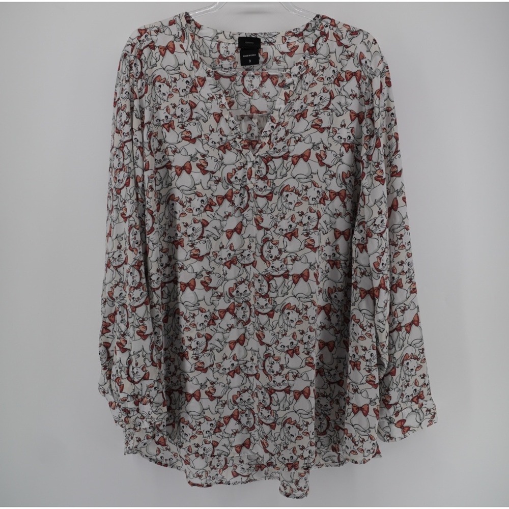 Disney Marie The Aristocats White Long Sleeve Blouse Plus Size 3 Pink Bows Top
